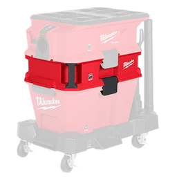The image shows the Milwaukee Packout Dust Extractor, a bright red, stackable tool storage unit with black handles, designed to fit on Milwaukee's wheeled trolley system. The product features the Milwaukee logo and is used for organizing and transporting tools and accessories.