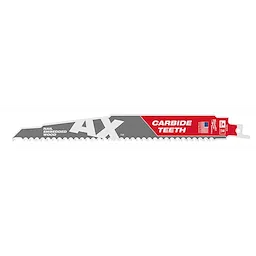 The 9" 7 TPI The AX™ with Carbide Teeth SAWZALL® Blade is designed for cutting nail-embedded wood. The blade features large, aggressive carbide teeth and is red and grey, with the AX™ logo displayed prominently. Suitable for demolition and construction use.