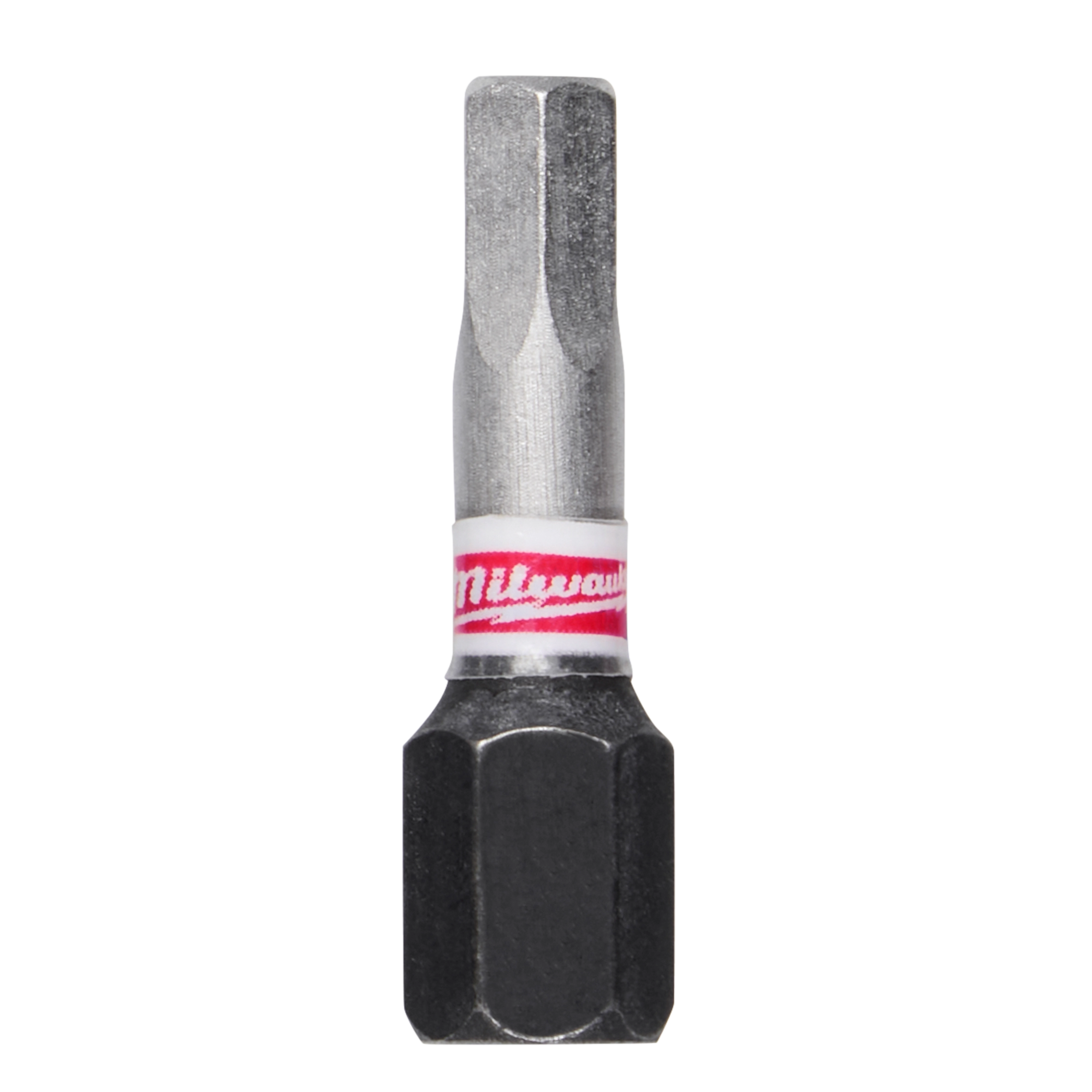 This image shows a single SHOCKWAVE™ 1" Impact Duty Hex 4 MM Insert Bit. The bit is mostly metallic with a black hexagonal base and a white and red band featuring the Milwaukee logo.