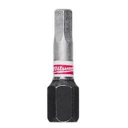 This image shows a single SHOCKWAVE™ 1" Impact Duty Hex 4 MM Insert Bit. The bit is mostly metallic with a black hexagonal base and a white and red band featuring the Milwaukee logo.