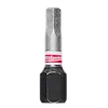 This image shows a single SHOCKWAVE™ 1" Impact Duty Hex 4 MM Insert Bit. The bit is mostly metallic with a black hexagonal base and a white and red band featuring the Milwaukee logo.