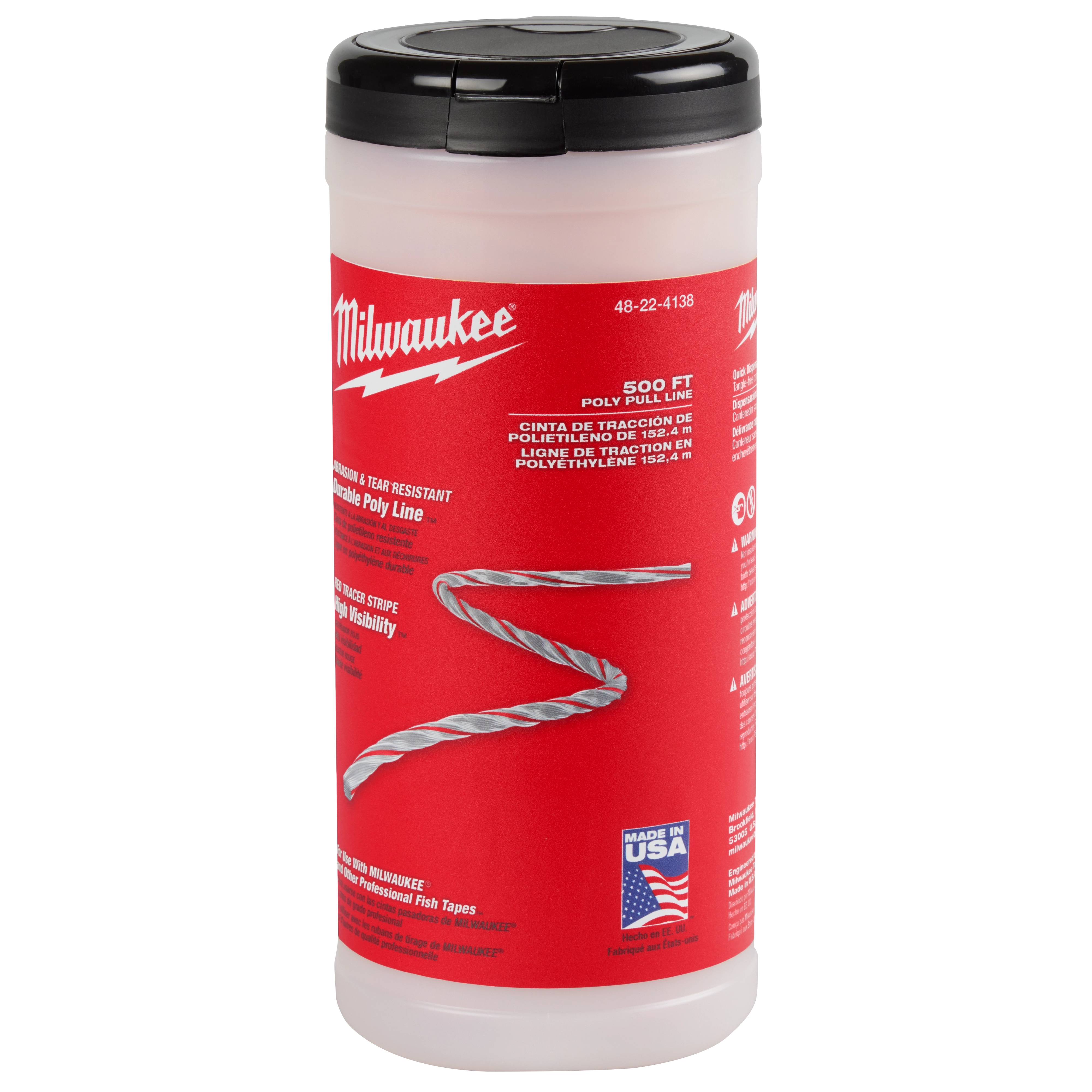 500%27 Poly Pull Line by Milwaukee in a cylindrical container with black lid, featuring red label detailing product specs and USA flag.