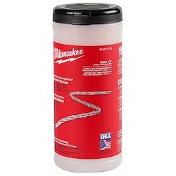 500%27 Poly Pull Line by Milwaukee in a cylindrical container with black lid, featuring red label detailing product specs and USA flag.