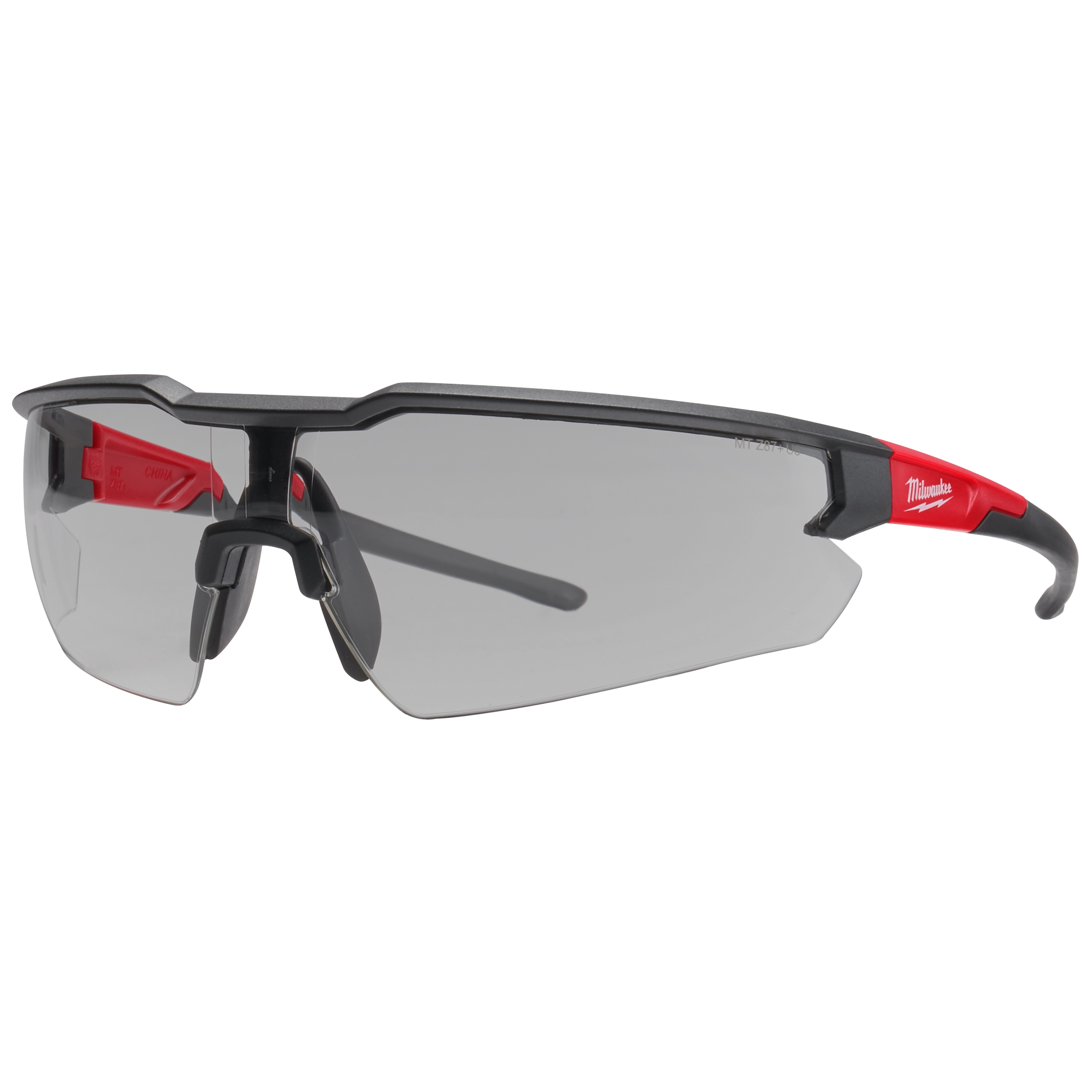 Safety Glasses with gray fog-free lenses, a black frame, adjustable nosepiece, and red accents on the arms.