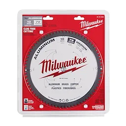 Milwaukee 10” Aluminum Cutting Circular Saw Blade with 72 teeth, designed for cutting aluminum, brass, copper, plastics, and fiberglass.
