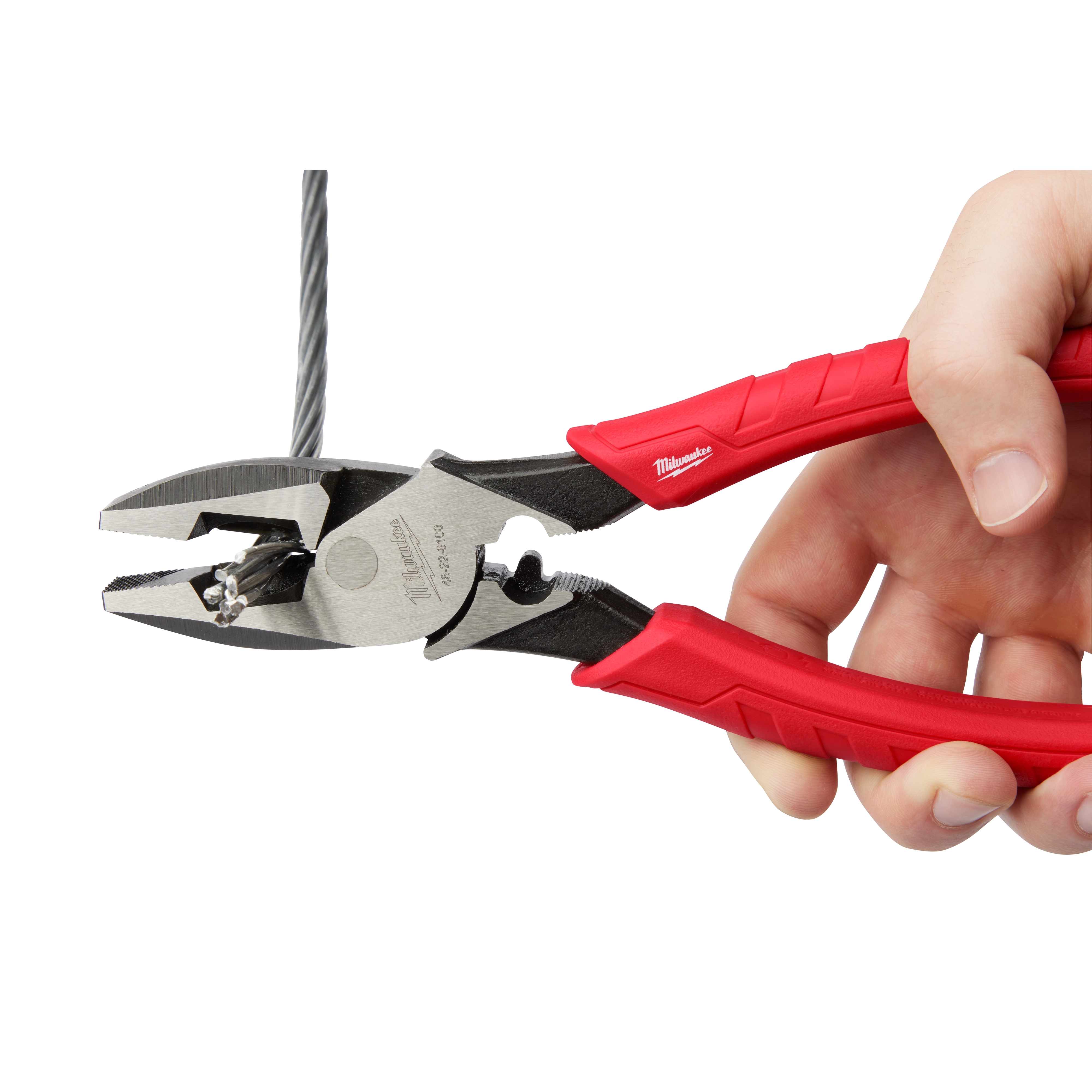 9" High Leverage Lineman's Pliers with Crimper held by a hand, cutting through a thick wire, with red handles.