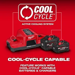 M18 REDLITHIUM FORGE XC8.0 and HD12.0 battery packs with charger featuring Cool-Cycle active cooling system on a red background.