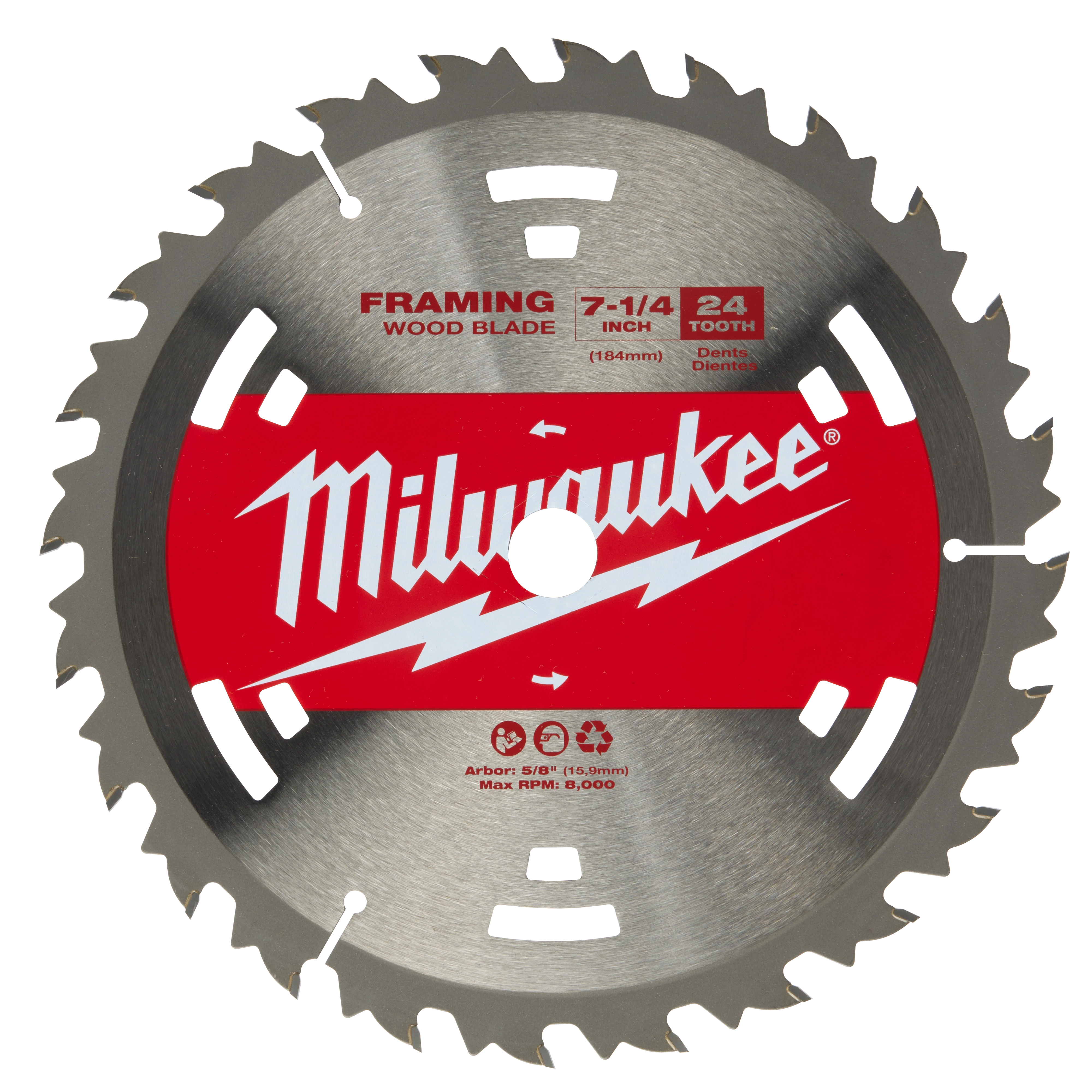 Milwaukee Circular Saw Blade, 7-1/4 inch, 24 teeth, designed for framing wood, with a maximum RPM of 8,000.