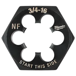 Milwaukee 3/4"-16 NF 1-7/16" hex threading die. Hexagonal black die with six teeth openings and the text "START THIS SIDE" engraved on one face. Suitable for creating or repairing external threads on metal.