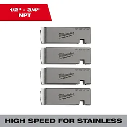 Universal Dies Image Reel contains four high-speed steel dies for stainless, fitting sizes 1/2" to 3/4" NPT, branded Milwaukee.
