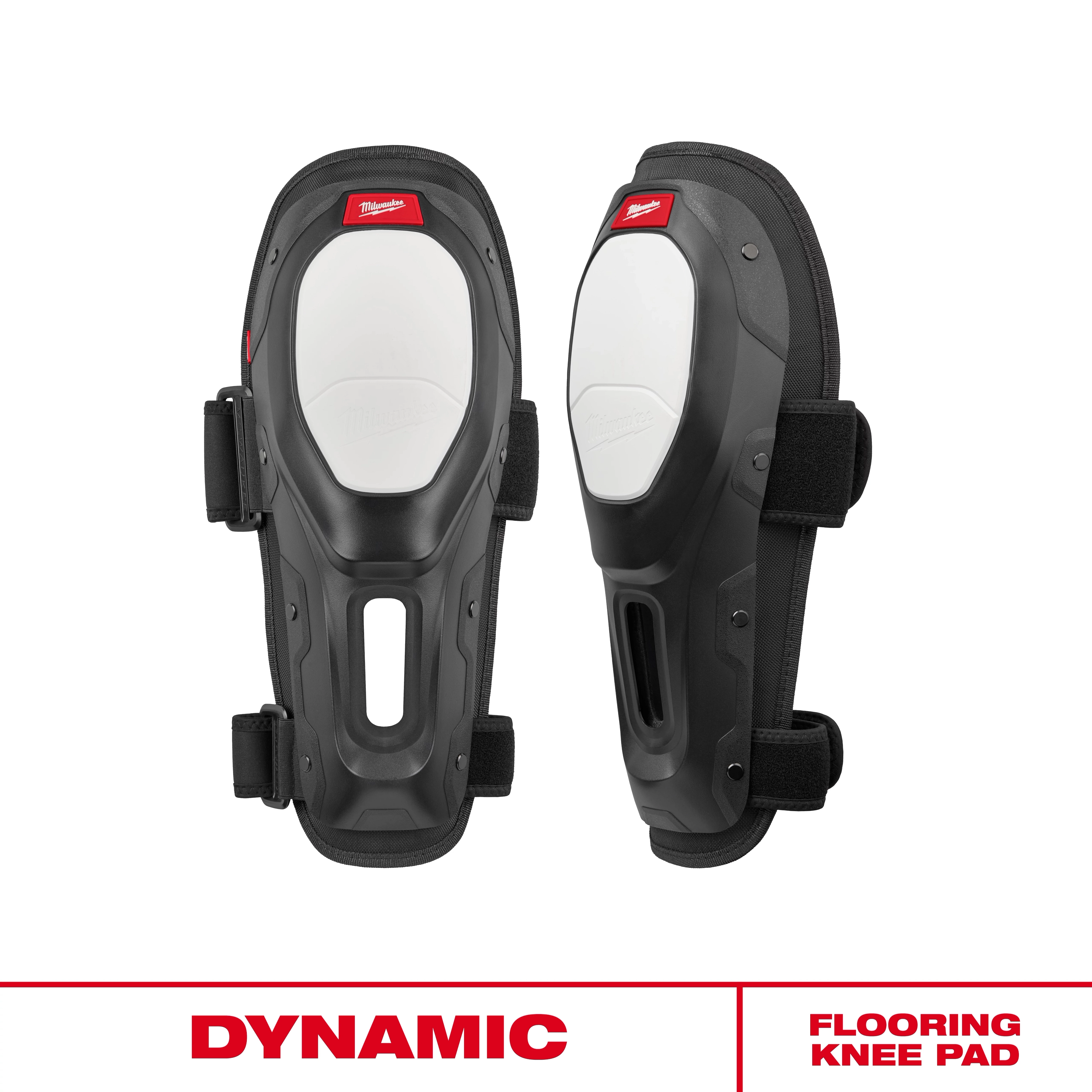 Dynamic Flooring Knee Pad pair with hard outer shells and adjustable straps against a plain white background.