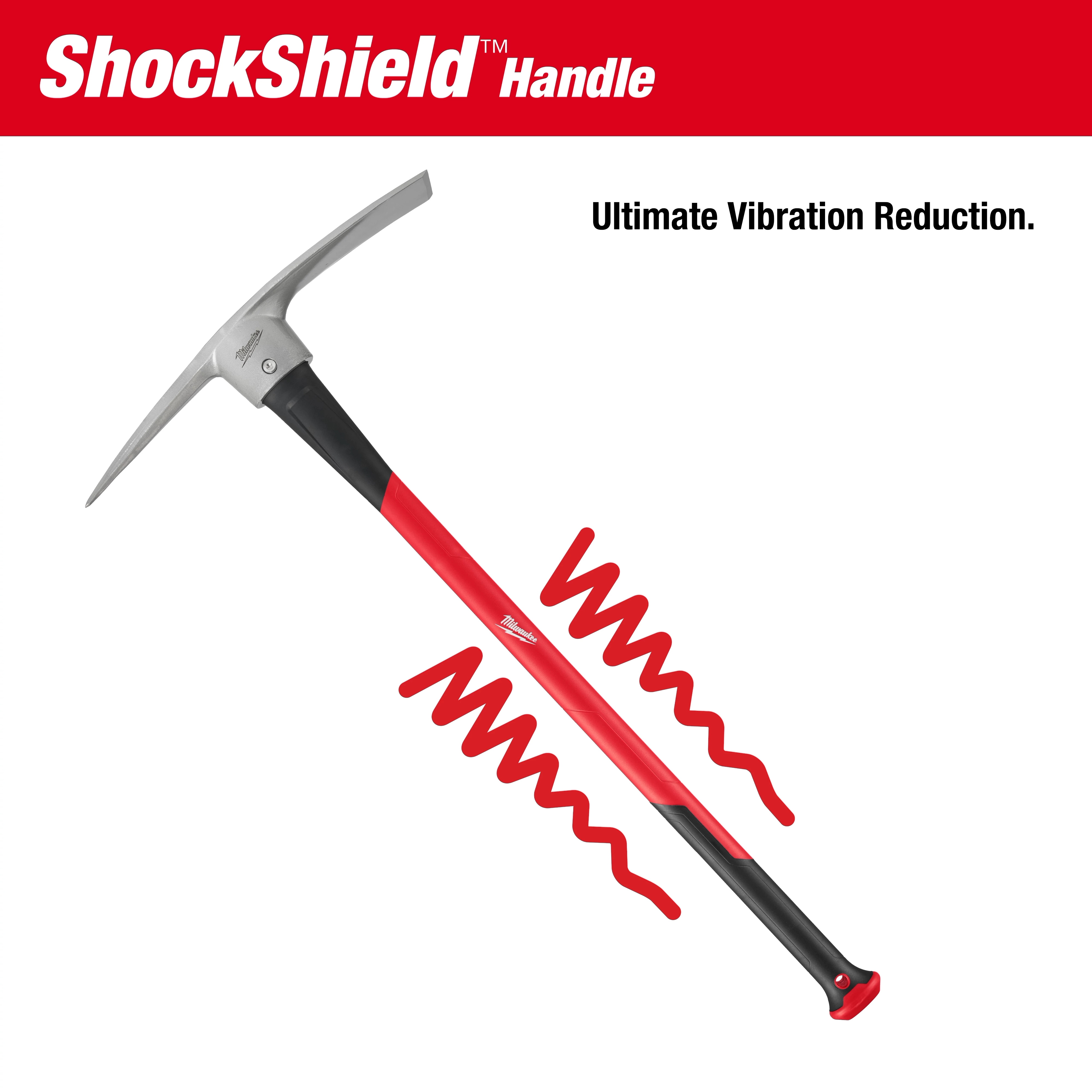 5lb Pick Mattock (36" Handle) with a red and black ShockShield handle, designed for ultimate vibration reduction.