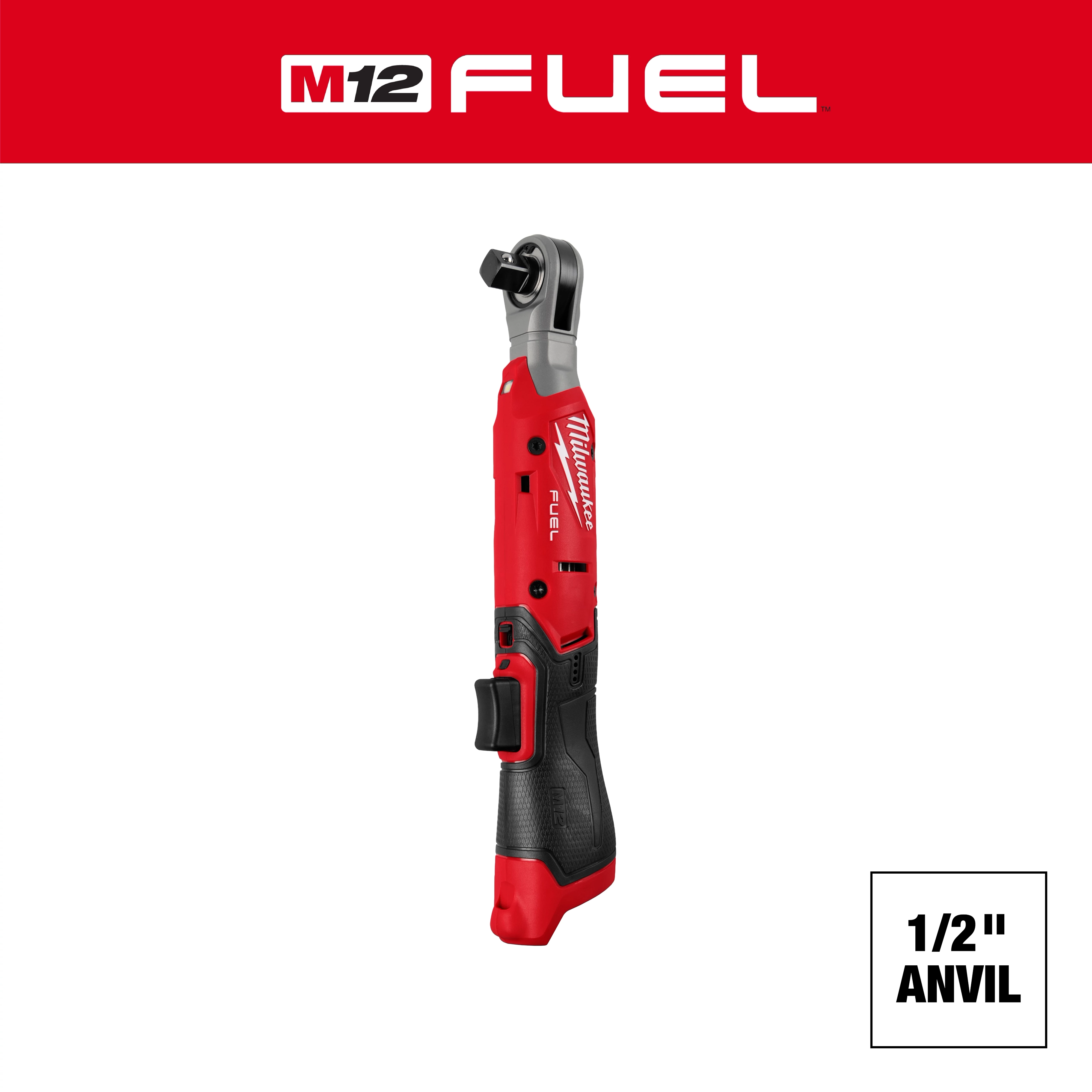 The M12 FUEL™ 1/2" Ratchet is a red, cordless power tool with a black textured grip. It has a 1/2-inch anvil and compact design, making it ideal for tight spaces. The product branding appears in the upper left corner.