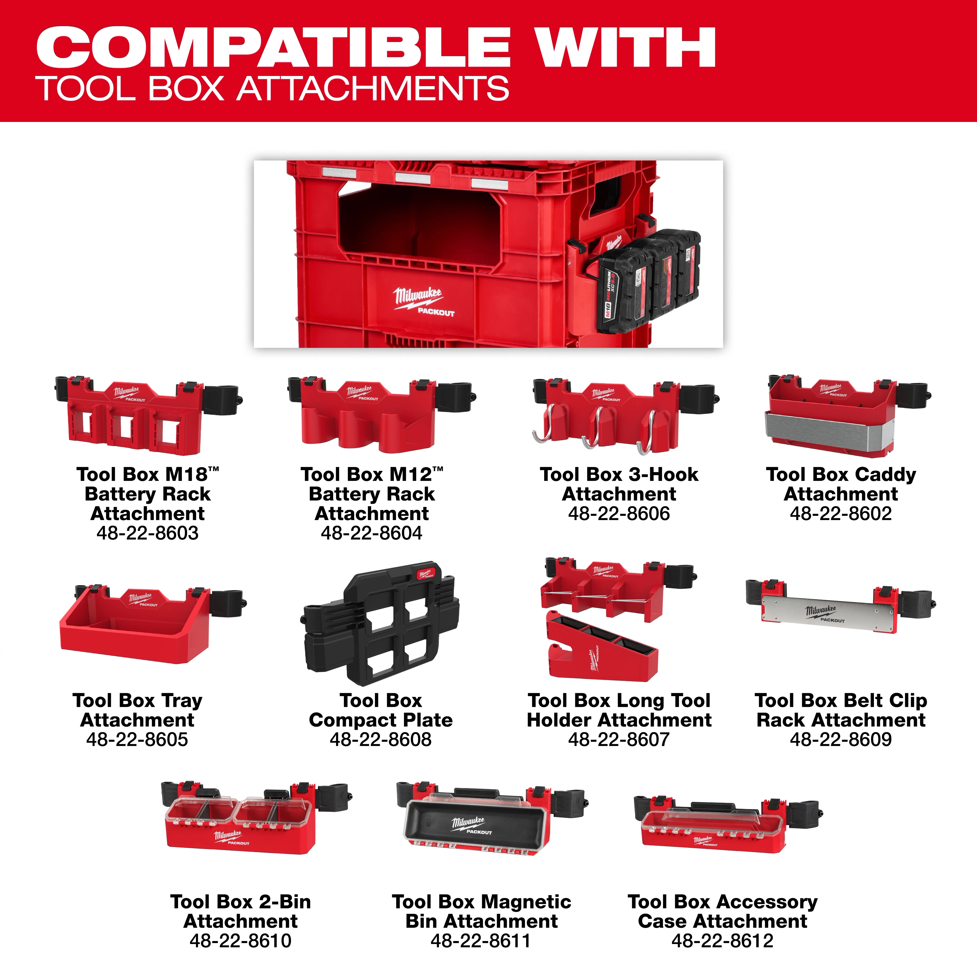 PACKOUT Tool Box Attachments display showing various red modular tool box add-ons arranged in rows.