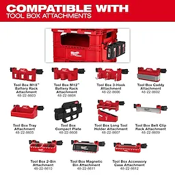 PACKOUT Tool Box Attachments display showing various red modular tool box add-ons arranged in rows.