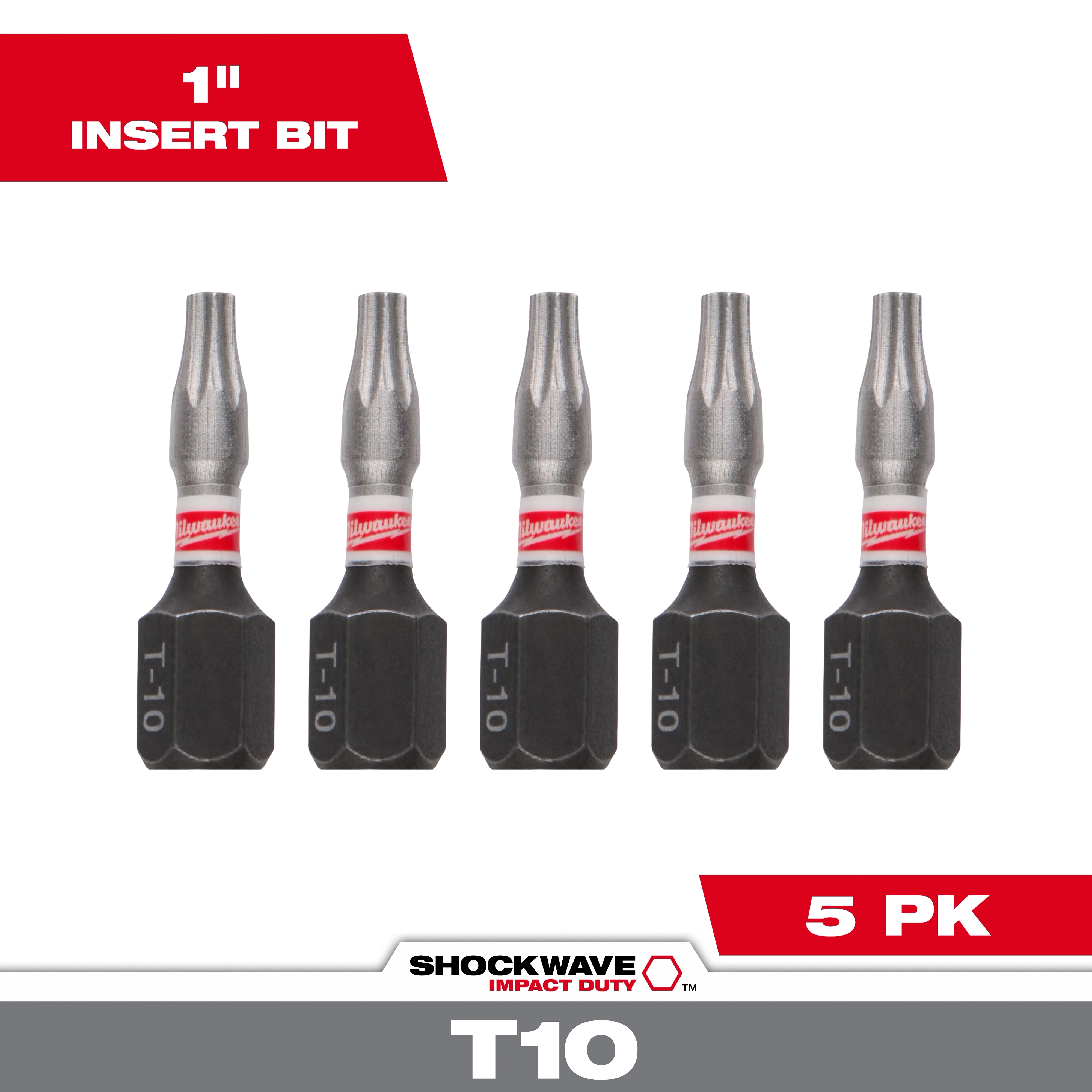 This image shows a set of five SHOCKWAVE™ 1" Impact TORX® T10 Insert Bits (5 PK). Each bit is labeled "T-10" and has a black base with a metallic top section, along with a red stripe in the middle.
