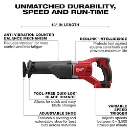 The image highlights features of the M18 Cordless LITHIUM-ION 4-Tool Combo Kit. It includes an 18" saw with anti-vibration, REDLINK™ intelligence, tool-free blade change, adjustable shoe, and variable speed trigger, emphasizing durability, speed, and run-time.