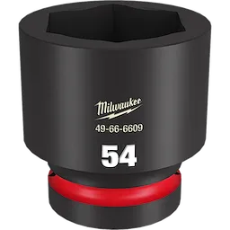 The product is a 1" drive, 54mm standard impact socket from Milwaukee, model number 49-66-6609. It is black with a red ring near the base and features a white "54" marking on the body.