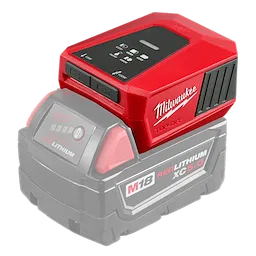 The M18™ TOP-OFF™ Charger & Power Supply is a compact red and black charging device with ports for USB-A and USB-C connections. It is shown attached to a partially visible M18 REDLITHIUM XC 5.0 battery pack.