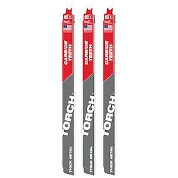 Three 12-inch SAWZALL® blades with carbide teeth for cutting thick metal, labeled TORCH™ and 8 TPI, against a white background. The blades are gray with red tips, detailed specifications, and an American flag. Sold in a pack of three.