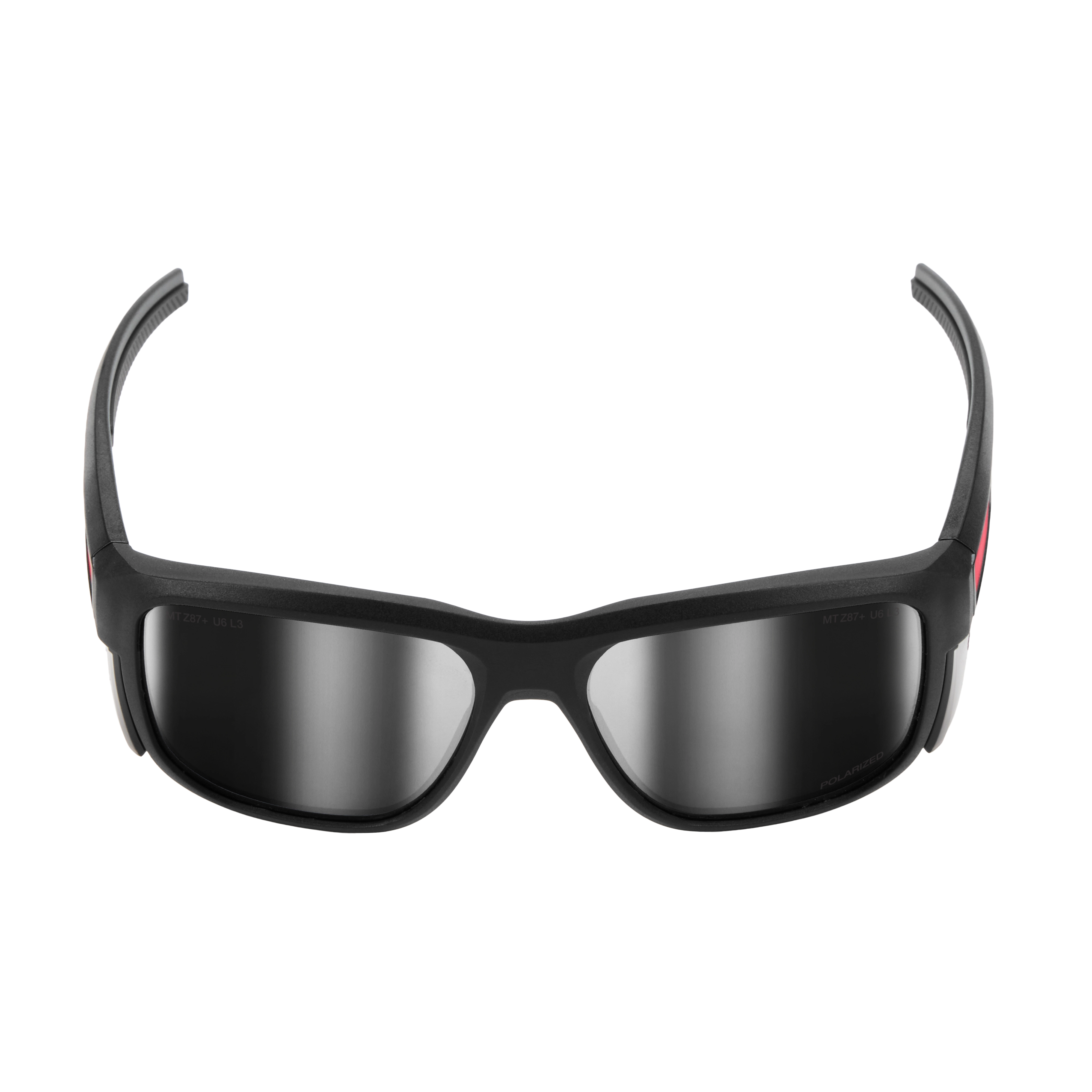 Polarized Full Frame Safety Glasses with Removable Side Shields feature mirrored dual coat lenses. The glasses have a black, wrap-around design with grey polarized lenses, providing full coverage and protection. Removable side shields offer additional safety, and the glasses are suitable for various industrial and outdoor activities.