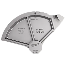 This image shows a silver Milwaukee conduit bender head designed for bending 1-inch EMT and 3/4-inch RMC conduits. The labels include "BACK OF BEND," "NO STAINLESS," model number "49-16-0001," and "STUBS 8" TO ↑." The tool is marked with the Milwaukee logo.