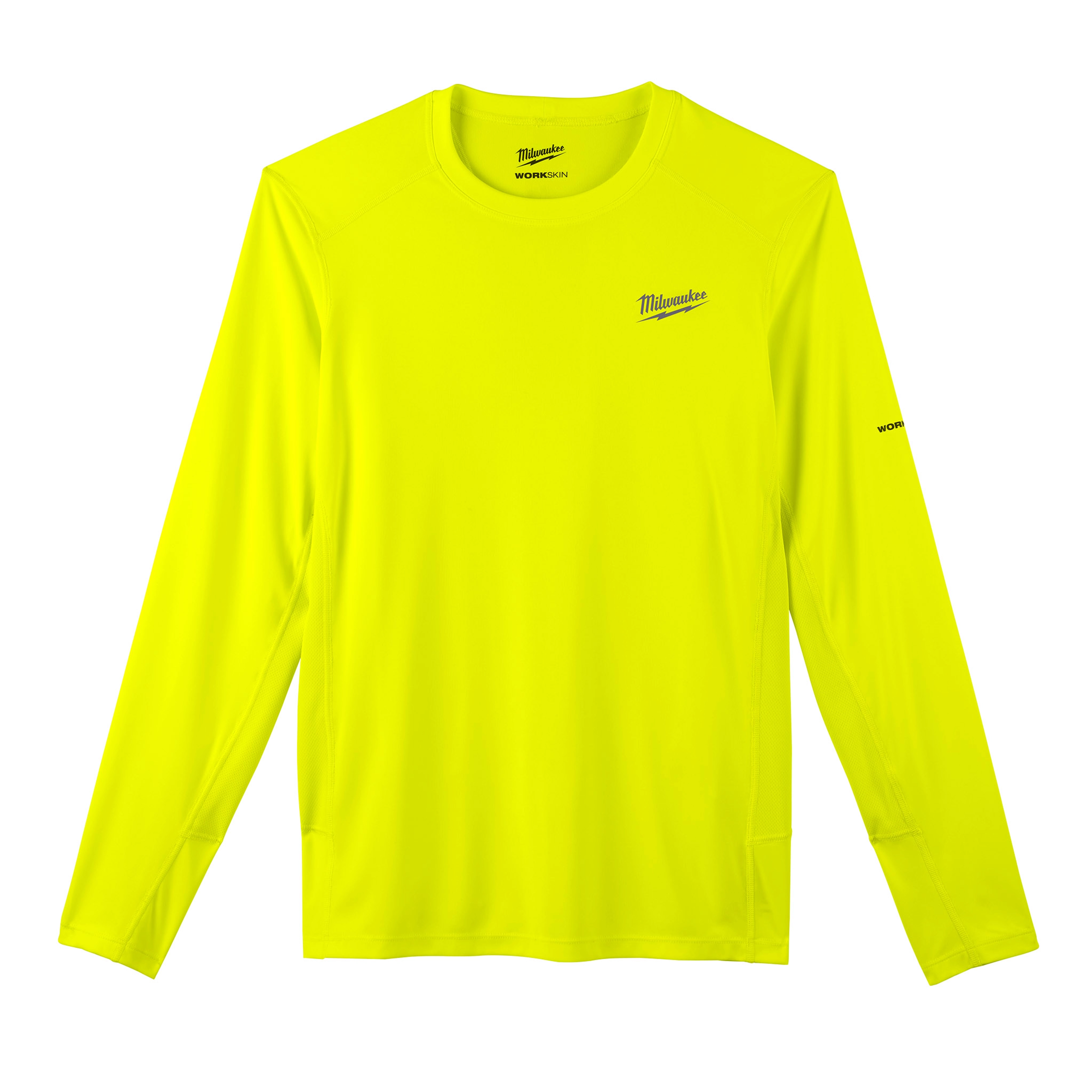 Bright yellow WORKSKIN Lightweight Performance Shirt with long sleeves and crew neck, featuring a small logo on the chest and sleeve.