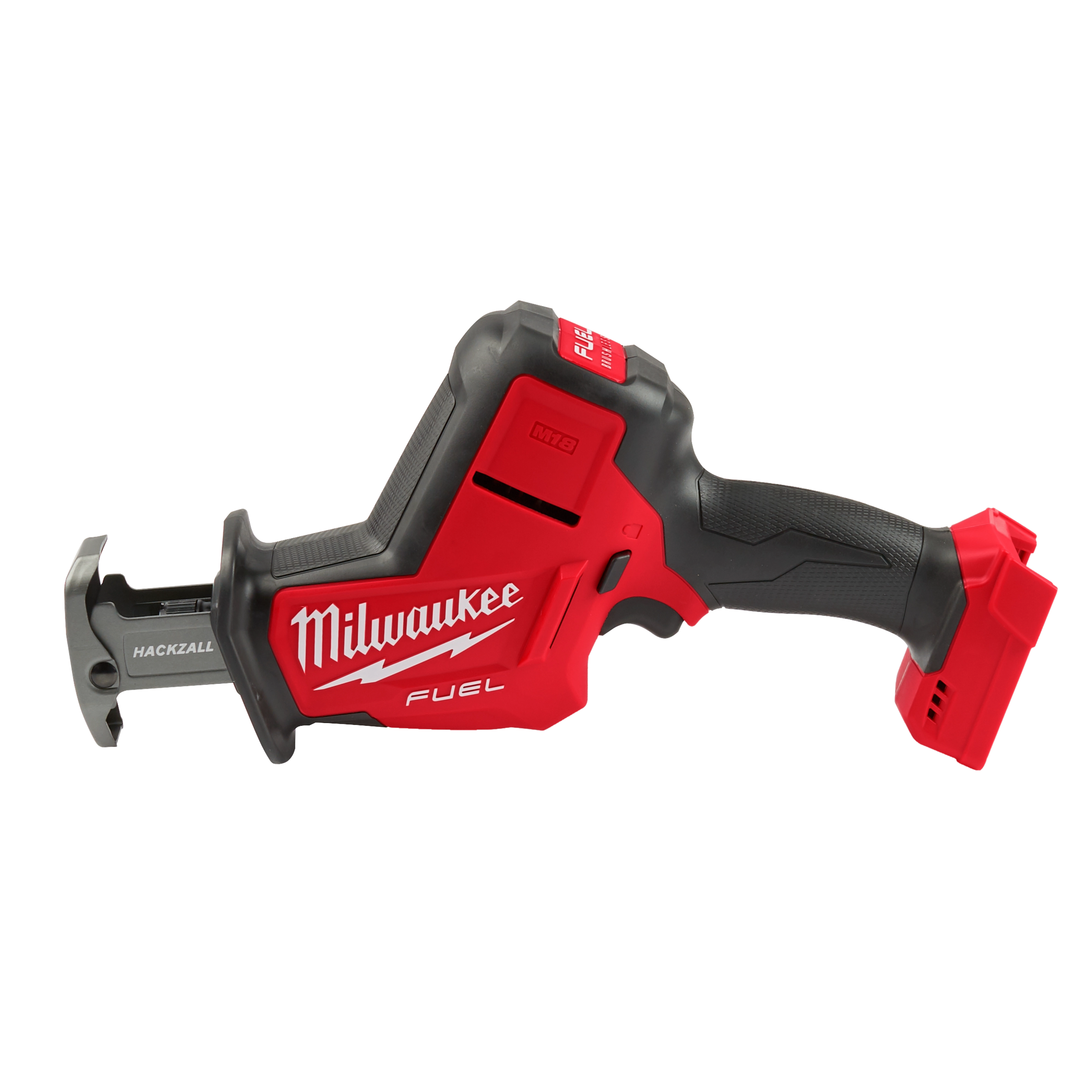 Red and black Milwaukee M18 FUEL Hackzall power saw with a ergonomic handle and battery pack, designed for quick cutting.
