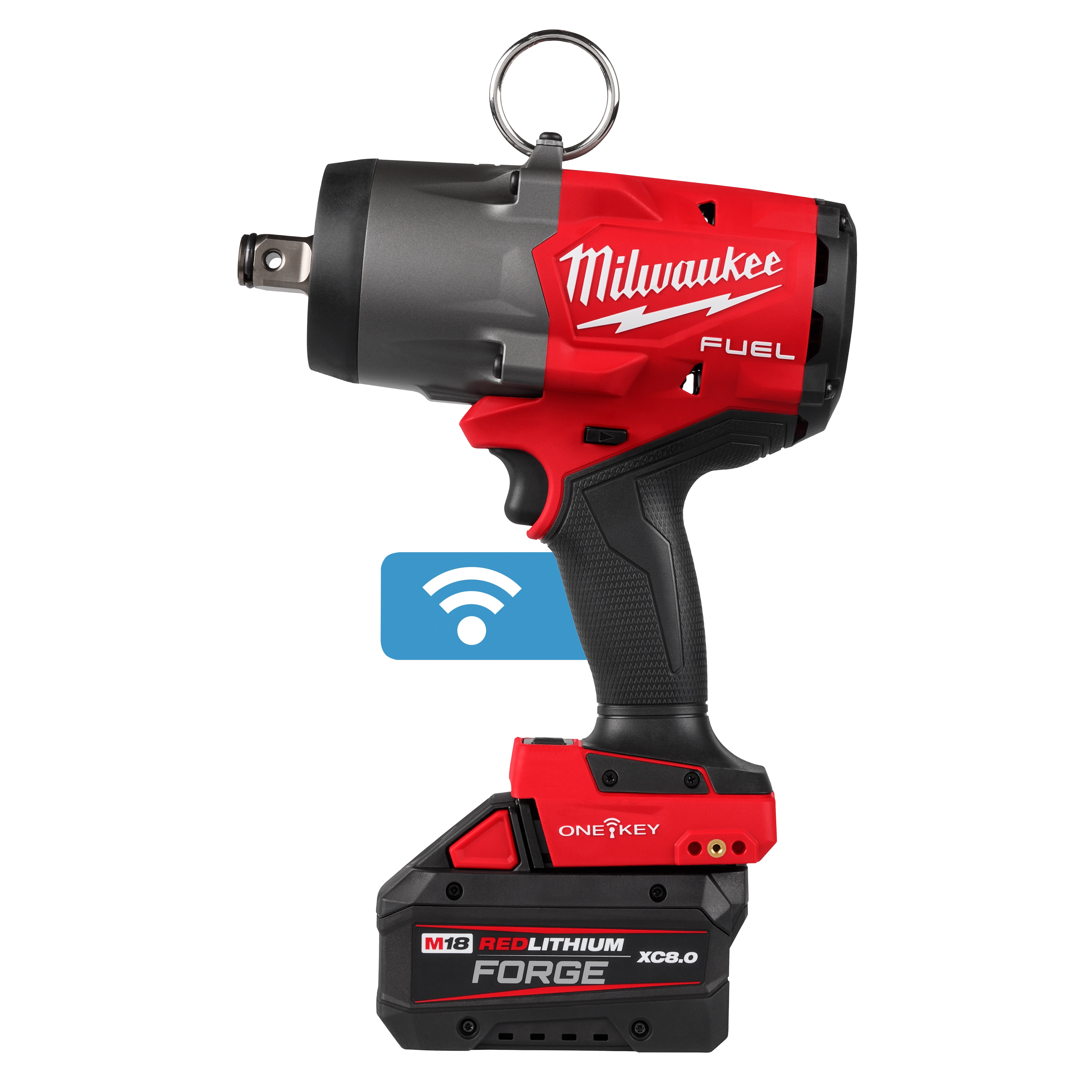 M18 FUEL 3/4" High Torque Impact Wrench w/ ONE-KEY Kit standing upright with battery and wireless icon nearby.