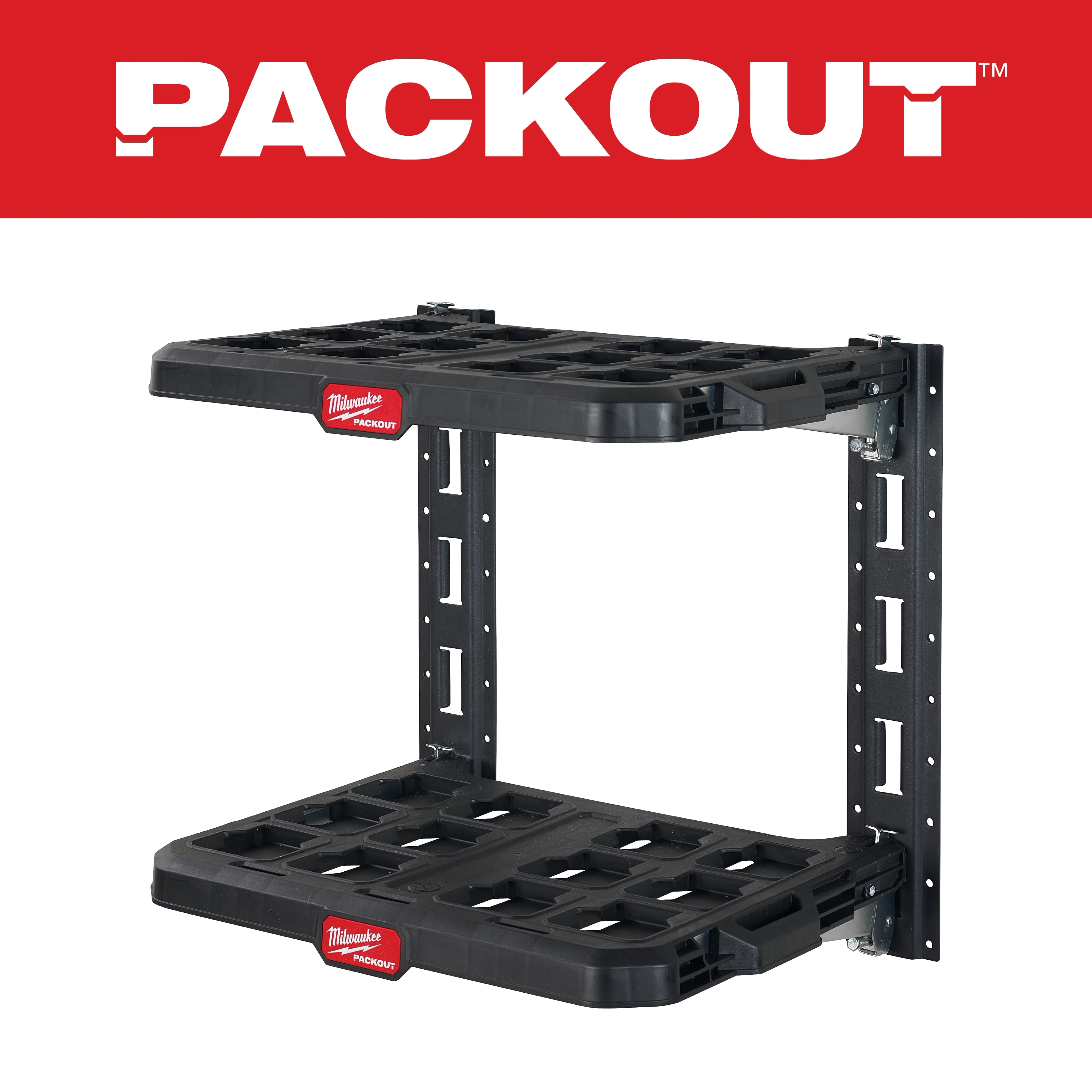 The PACKOUT Racking Kit 48-22-8480 includes two black, heavy-duty shelves with adjustable mounting brackets for versatile storage.