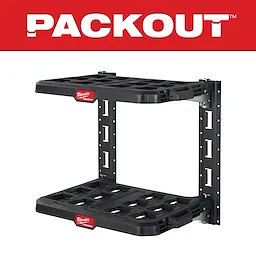 The PACKOUT Racking Kit 48-22-8480 includes two black, heavy-duty shelves with adjustable mounting brackets for versatile storage.
