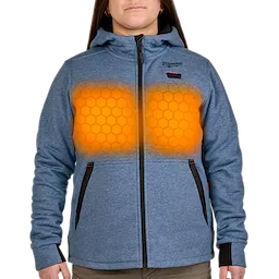 A woman wears the M12™ Women's Heated Hoodie in light blue. Hexagonal orange heating zones are visible on the chest. The hoodie features a zip-up front, hood, black pockets, and Milwaukee branding on the left side of the chest.