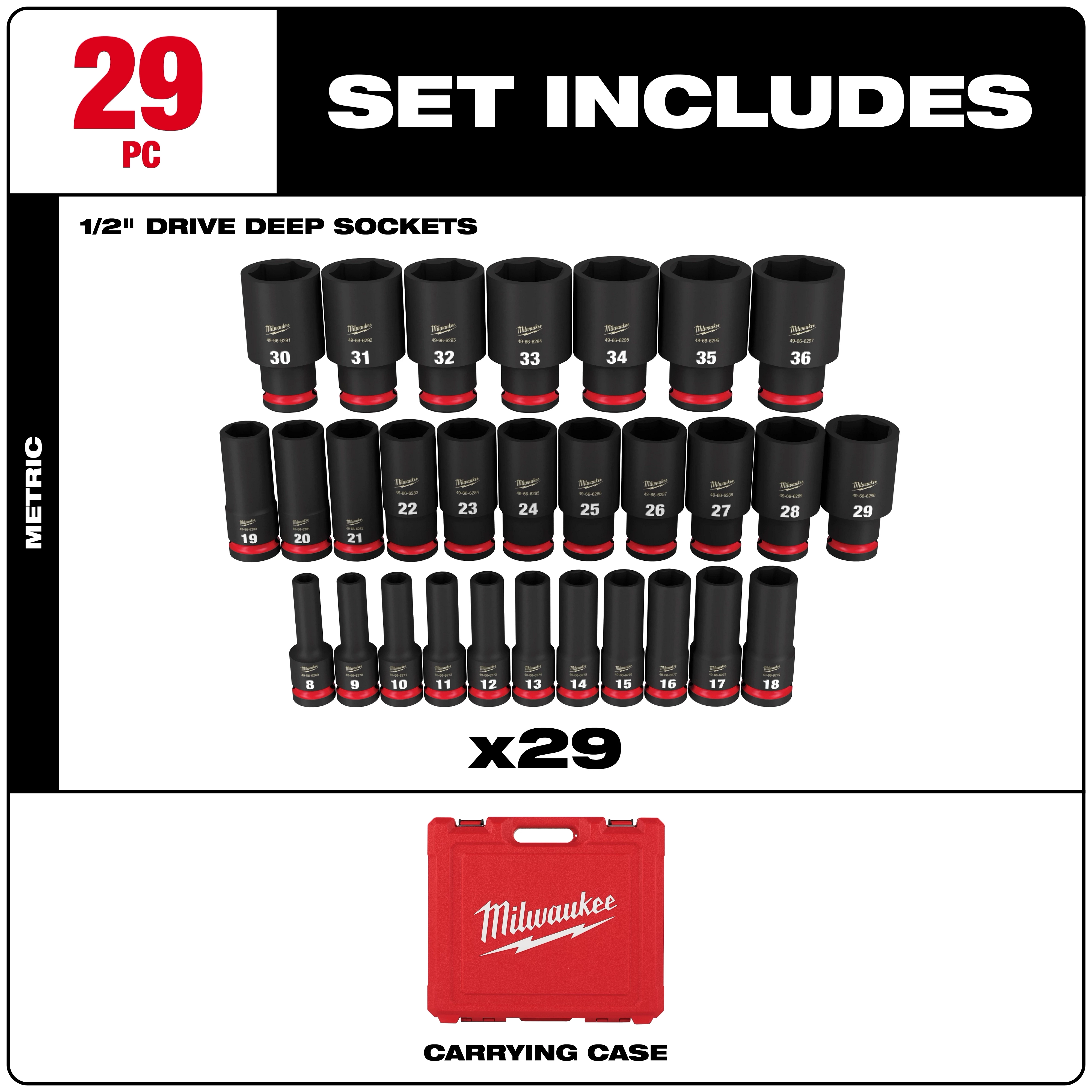 Milwaukee 29-piece metric 1/2" drive deep socket set. Includes sizes 10mm to 36mm and a red carrying case with the Milwaukee logo.