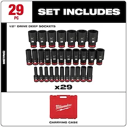 Milwaukee 29-piece metric 1/2" drive deep socket set. Includes sizes 10mm to 36mm and a red carrying case with the Milwaukee logo.