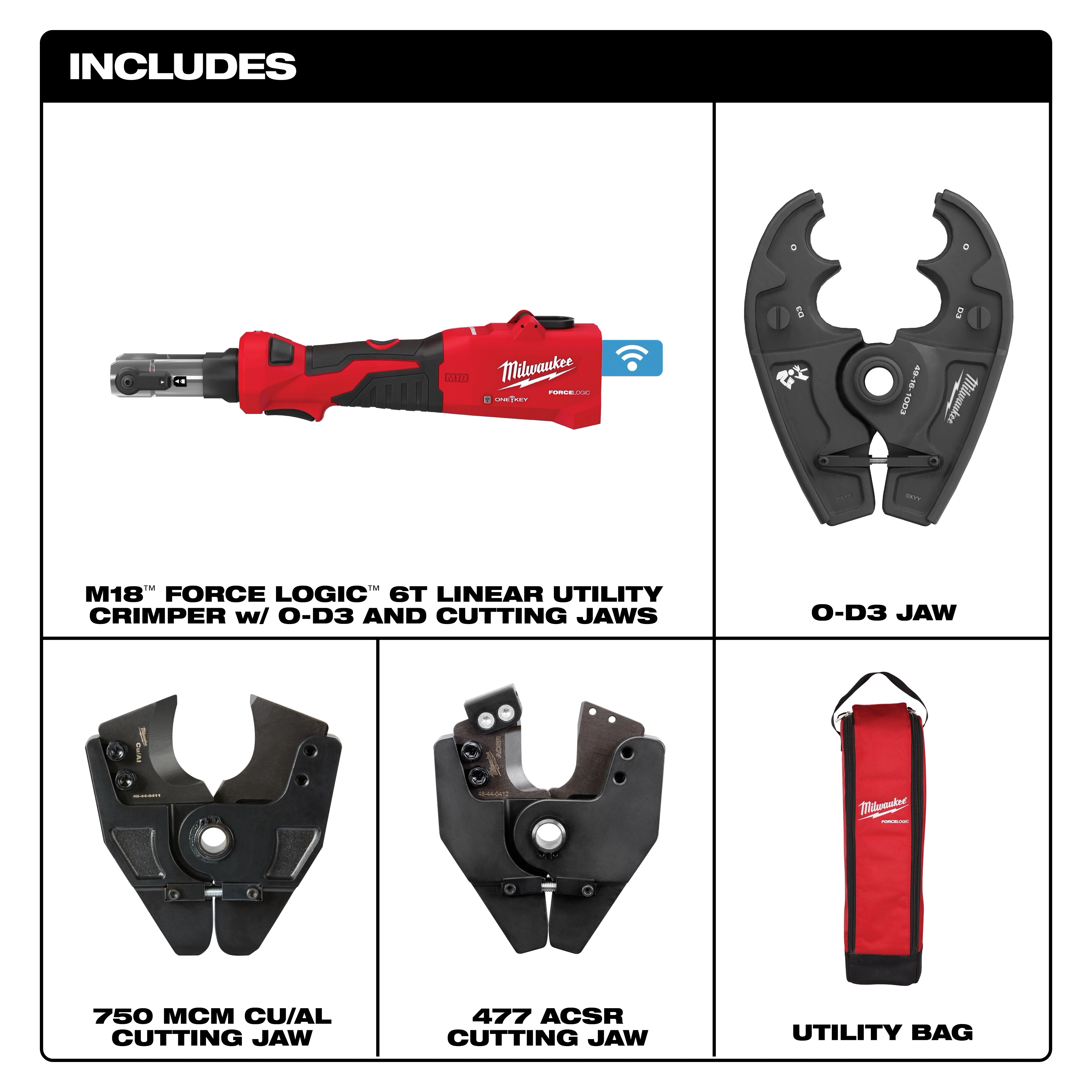 M18™ FORCE LOGIC™ 6T Linear Utility Crimper with O-D3 and Cutting Jaws. Includes O-D3 jaw, 750 MCM CU/AL cutting jaw, 477 ACSR cutting jaw, and utility bag. The crimper is red with ergonomic handle and Wi-Fi-compatible features for utility work.