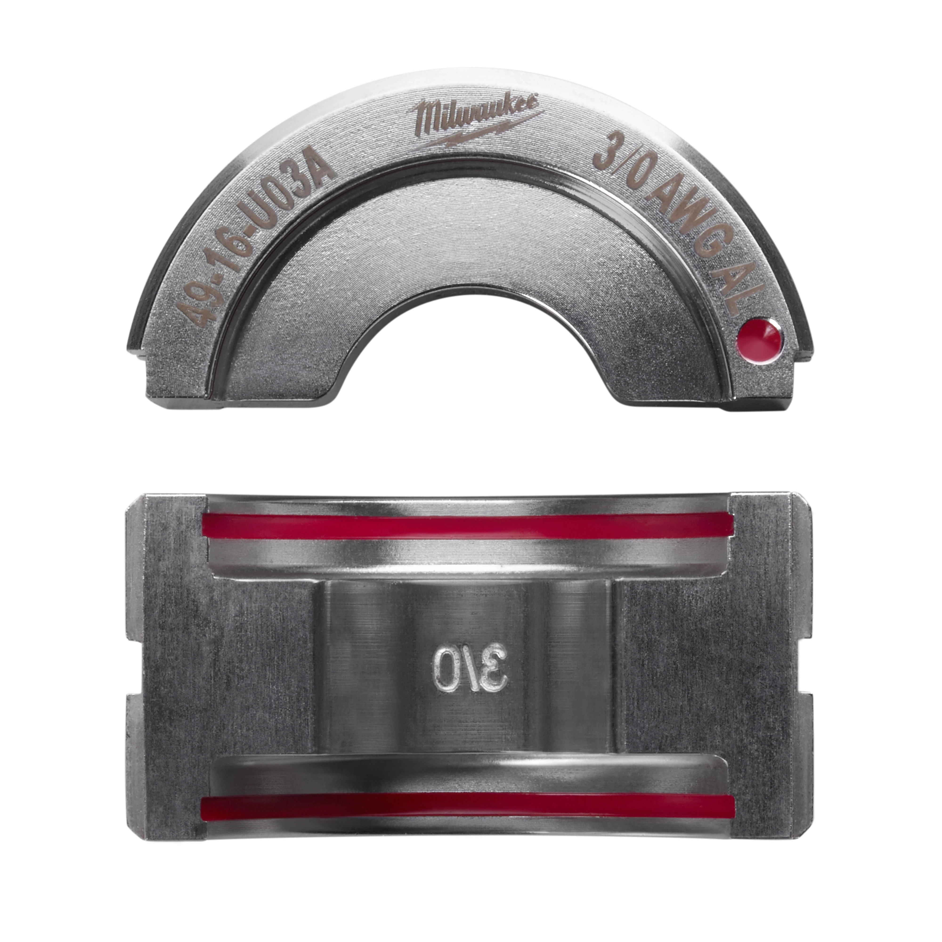 3/0 Aluminum U Style Die for crimping, showcasing curved and flat segments with red accents and engraved specifications.