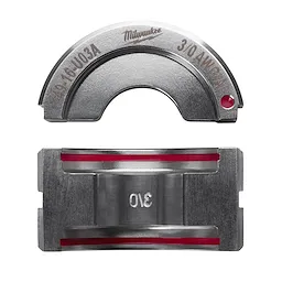 3/0 Aluminum U Style Die for crimping, showcasing curved and flat segments with red accents and engraved specifications.