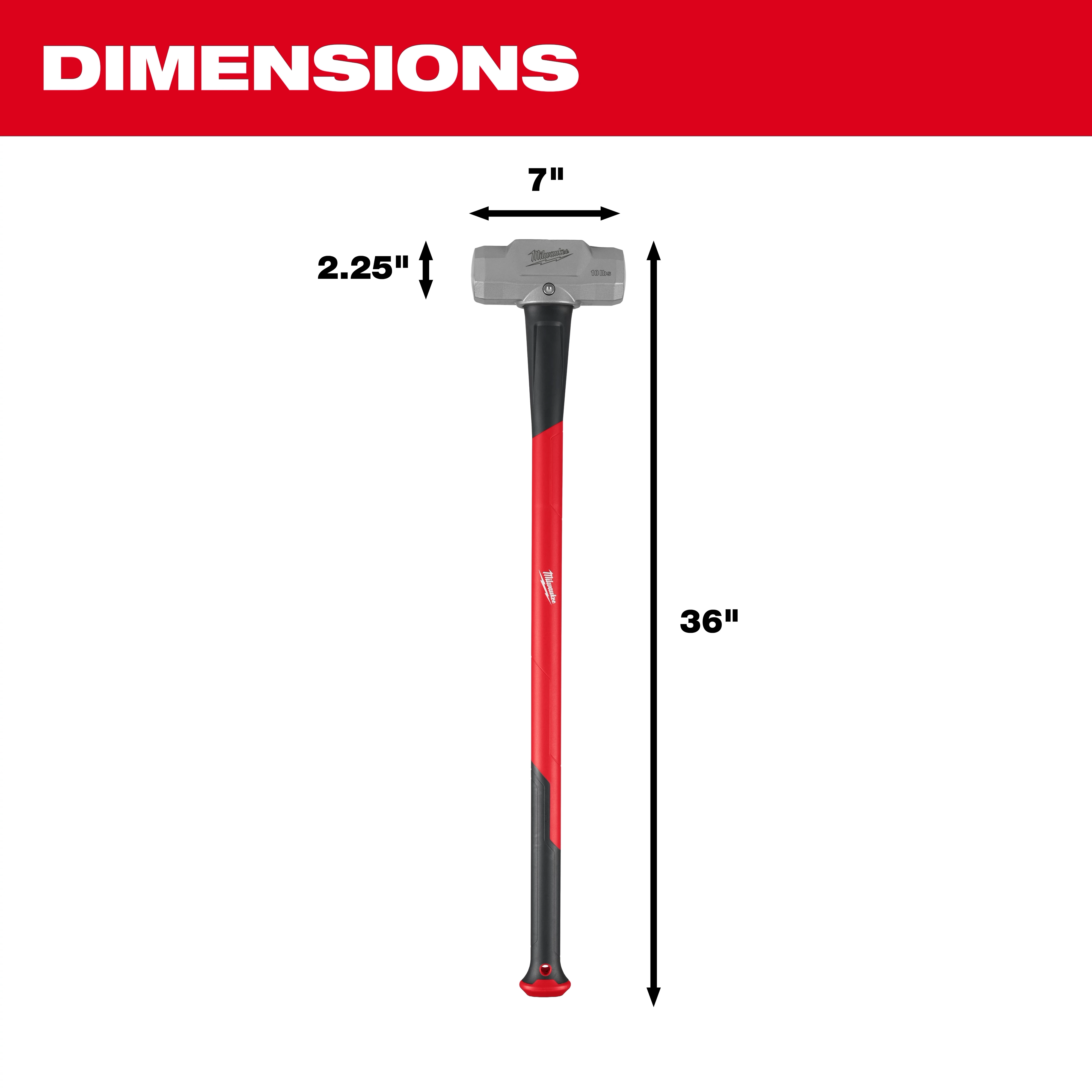 10lb Sledge Hammer (36" Handle) with a 7" wide head, 2.25" thick, and a red and black handle. Dimensions are indicated.