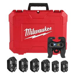 The 1/4" - 7/8" RLS® Pivoting Press Ring Kit for M12™ FORCE LOGIC™ Press Tool includes a red Milwaukee carrying case, five press rings, and a ring jaw attachment. The rings are labeled with RLS® branding and sizes ranging from 1/4" to 7/8".