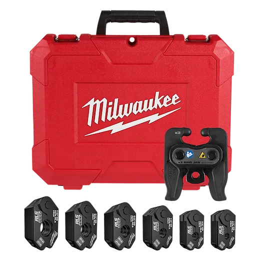 The 1/4" - 7/8" RLS® Pivoting Press Ring Kit for M12™ FORCE LOGIC™ Press Tool includes a red Milwaukee carrying case, five press rings, and a ring jaw attachment. The rings are labeled with RLS® branding and sizes ranging from 1/4" to 7/8".