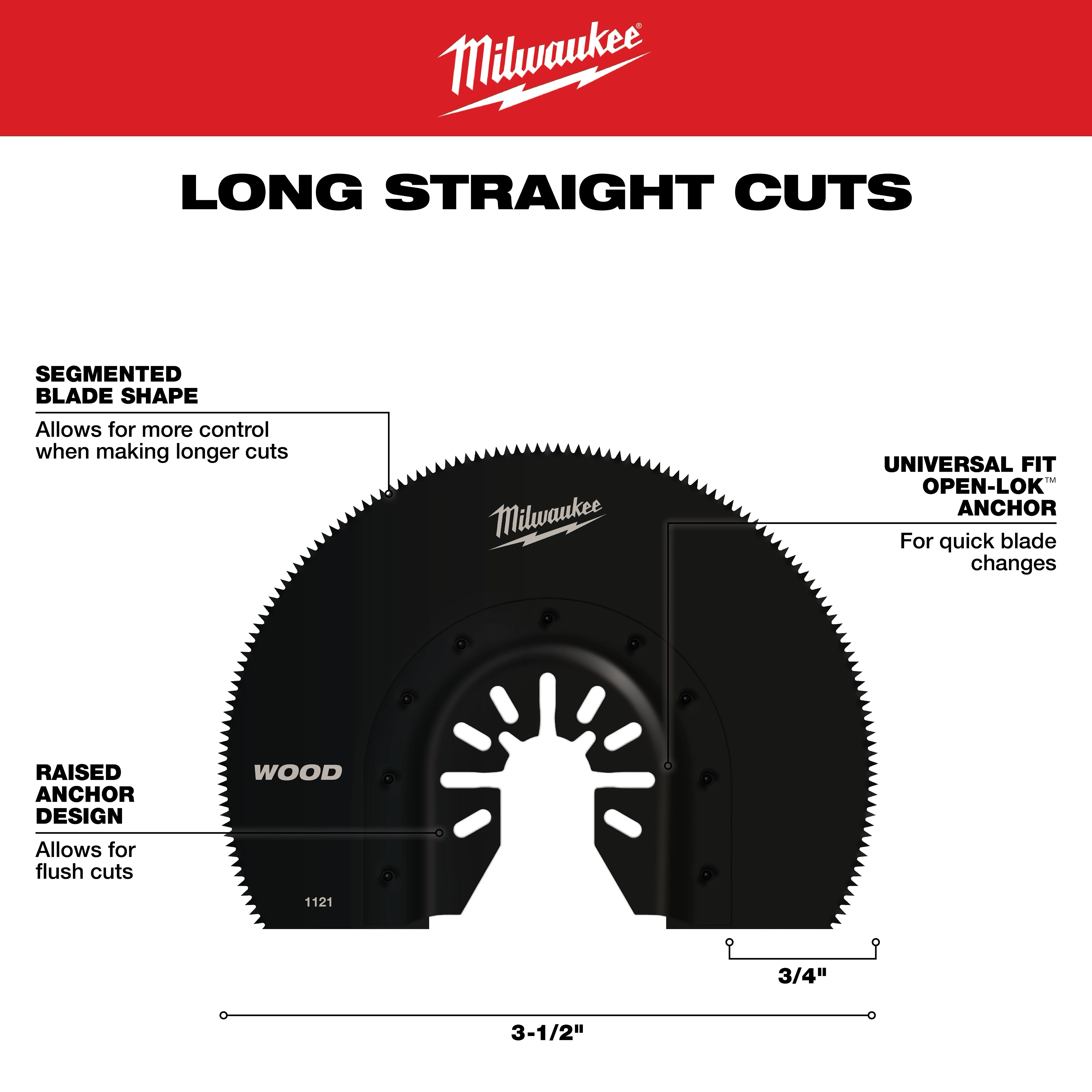Milwaukee Open-Lok 3-1/2" HCS Wood Segmented Multi-Tool Blade for long, straight cuts with segmented shape and raised anchor design.