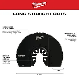 Milwaukee Open-Lok 3-1/2" HCS Wood Segmented Multi-Tool Blade for long, straight cuts with segmented shape and raised anchor design.