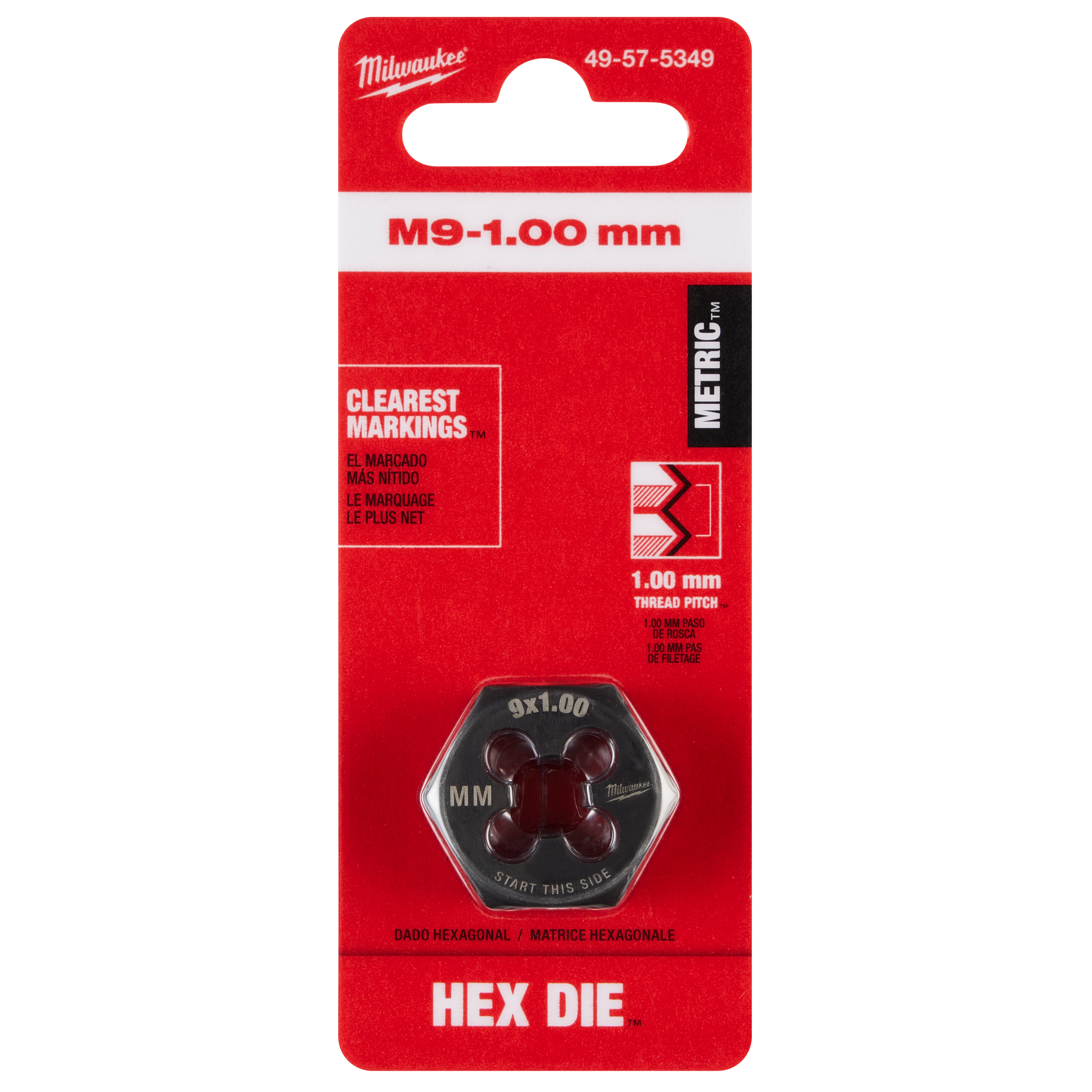 M9-1.00 mm 1-Inch Hex Threading Die with 1.00 mm thread pitch. The silver die has clear markings and comes in red packaging.