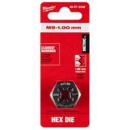 M9-1.00 mm 1-Inch Hex Threading Die with 1.00 mm thread pitch. The silver die has clear markings and comes in red packaging.