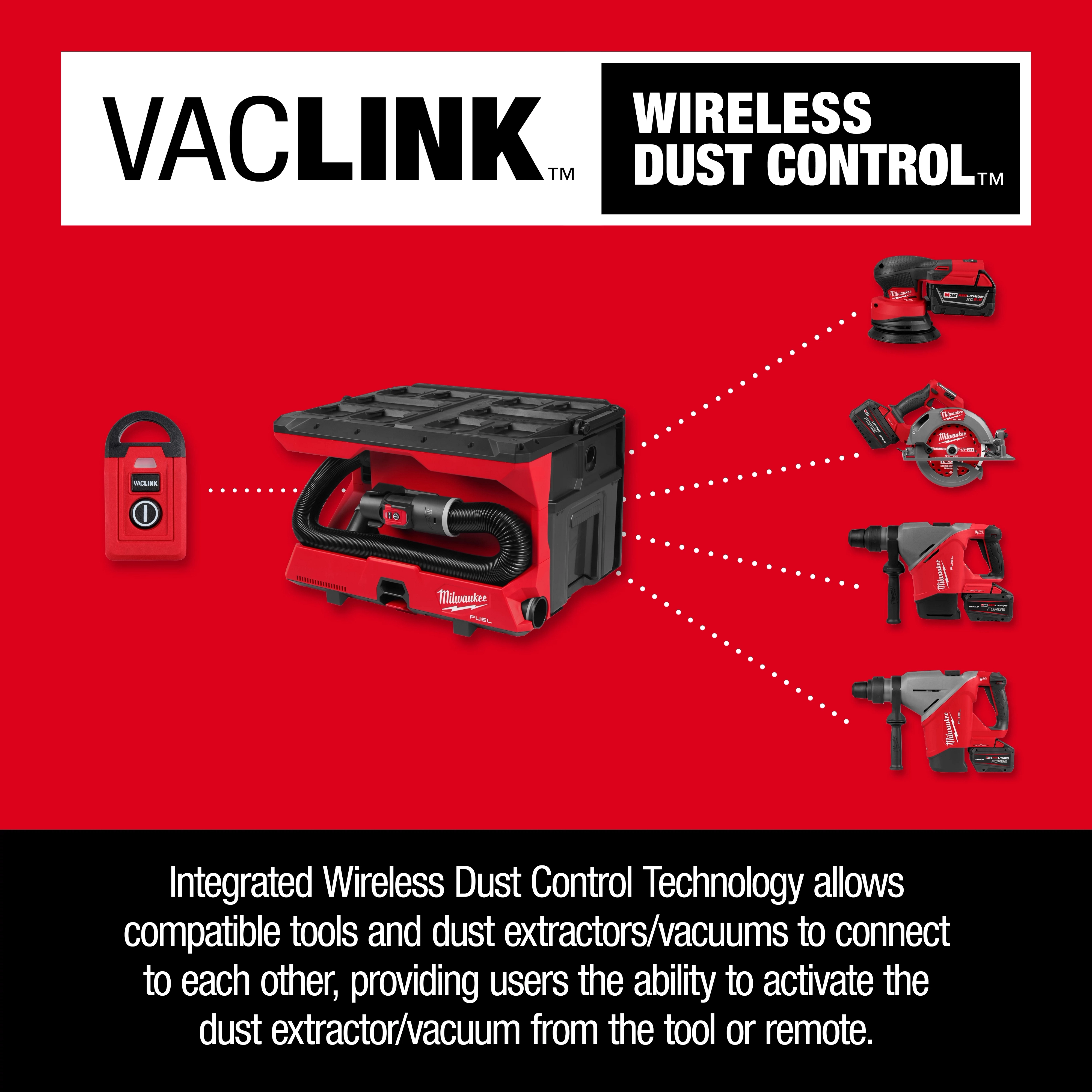 M18 FUEL 4 Gallon Wet/Dry Vacuum w/ PACKOUT Compatibility & VACLINK with remote and connected power tools on red background.