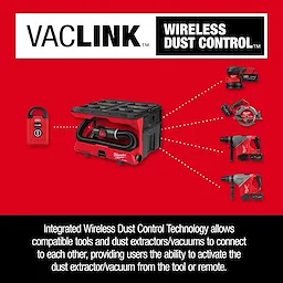 M18 FUEL 4 Gallon Wet/Dry Vacuum w/ PACKOUT Compatibility & VACLINK with remote and connected power tools on red background.