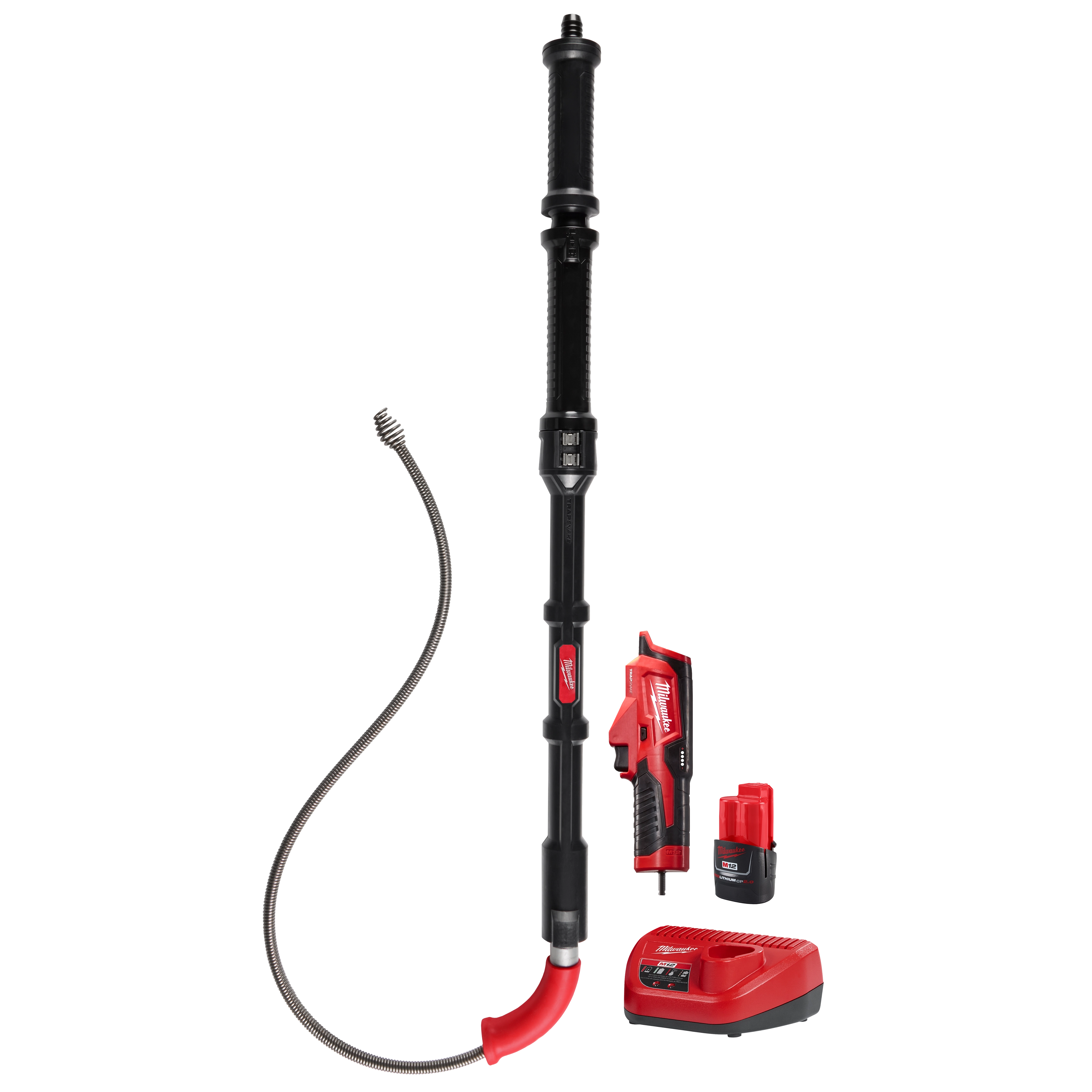 M12 TRAPSNAKE 6' Toilet Auger includes a black auger with a flexible metal coil, red power tool, battery, and charger.