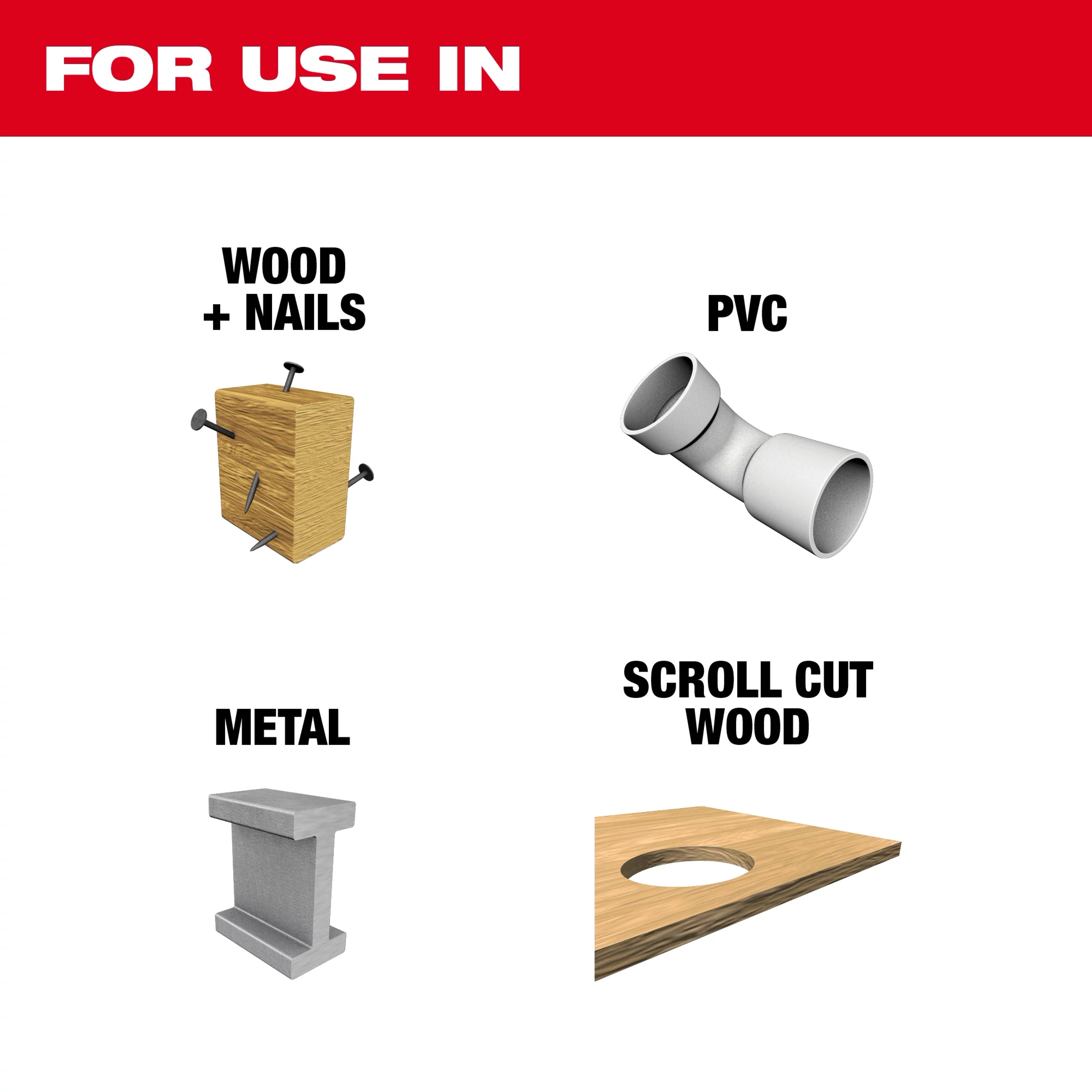The 3" 12TPI T-Shank Multi-Material Bi-Metal Jig Saw Blades 5PK are suitable for wood, nails, PVC, metal, and scroll cut wood.