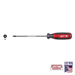 The #2 Square 6" Cushion Grip Screwdriver (USA) has a black and red handle with a cushioned grip. It is shown with a "Lifetime Guarantee" label and a "Made in USA" emblem.