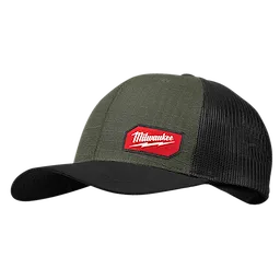 Green GRIDIRON Snapback Trucker Hat with black mesh back and solid green front panel featuring a red Milwaukee logo patch.